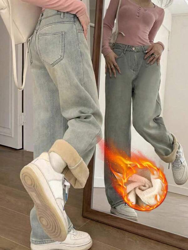 Streetwear Straight Leg Slant Pocket Thickened Denim Thermal Lined Low-Rise Jeans, Autumn/Winter Warm Pants