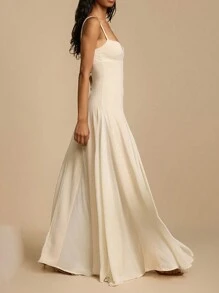 Women Long Dress Solid Color Spaghetti Strap Sleeveless Cami Dress Summer Fashion Big Swing Casual Dress - Màu be - Xem 6