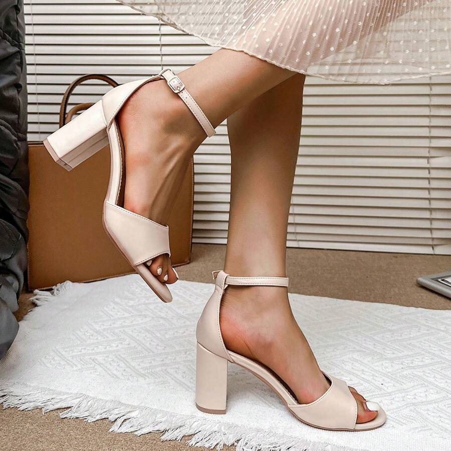 Sandali da donna eleganti con tacco spesso, con fibbia singola e tomaia scorrevole, sandali alla moda per l'estate - Beige - Visualizzare 1