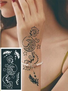 3 Sheets Hand Moon Flower Tattoo Hollow Template Stickers - Black - View 3