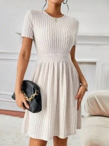 Vestido línea A unicolor ,vestidos elegantes para mujer moda,vestidos de manga corta de fiesta para mujer sexy,casual salir elegante elástico moda ropa - Albaricoque - Ver 6