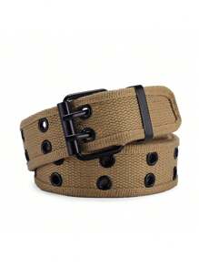 1pc Men's Double Prong Buckle Belt, Outdoor Vintage Canvas Belt, Fashionable All-Match Black Casual Belt, Gift For Boyfriend/ Elders, Suitable For Daily Wear