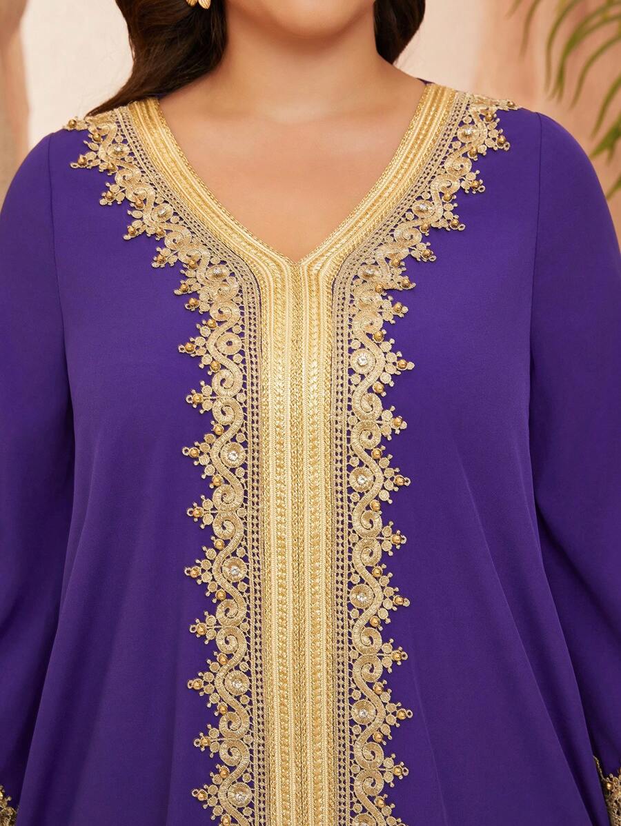全新 V 领紫色长袍，带水晶、珍珠贴花、蕾丝边、长袖、中东风格 - 紫色 - 查看 1