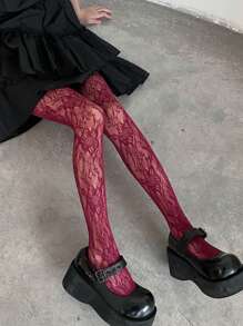 1 pièce Collants résille floral sans couture bordeaux, collants transparents à motif ajouré, style doux et hot pour filles