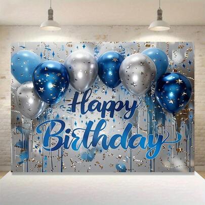 Sparkling Blue Silver Happy Birthday Background Fabric - Multi Functional Party Decoration, Made Of Polyester Material, Available In Multiple Sizes