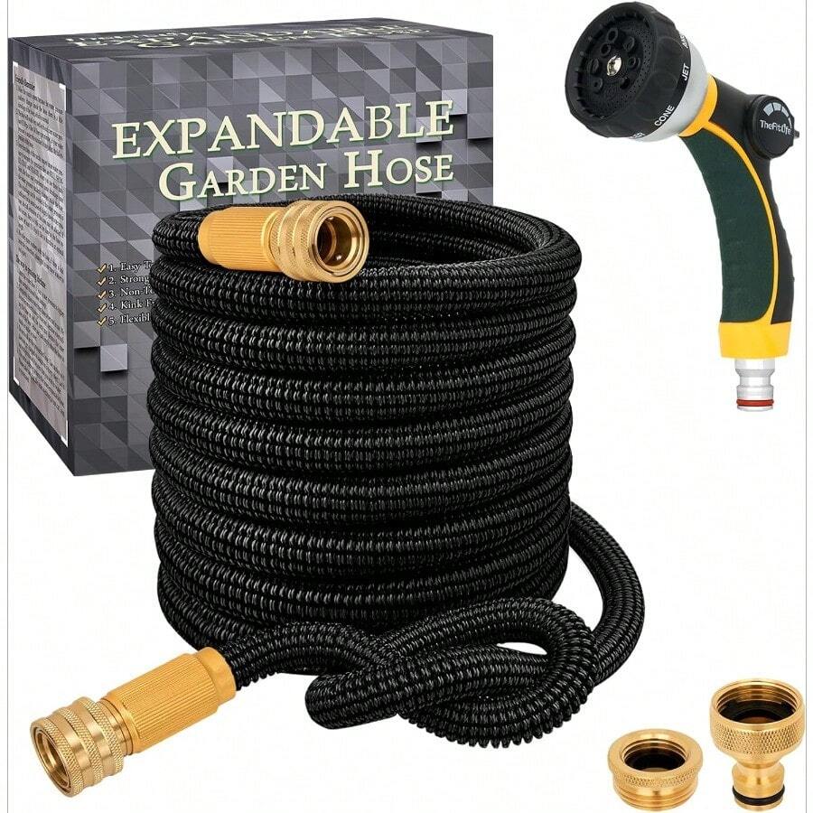 50ft Lightweight Flexible Garden Hose - Non-Expanding, Kink-Free, With Aluminum Fittings, Black-Green