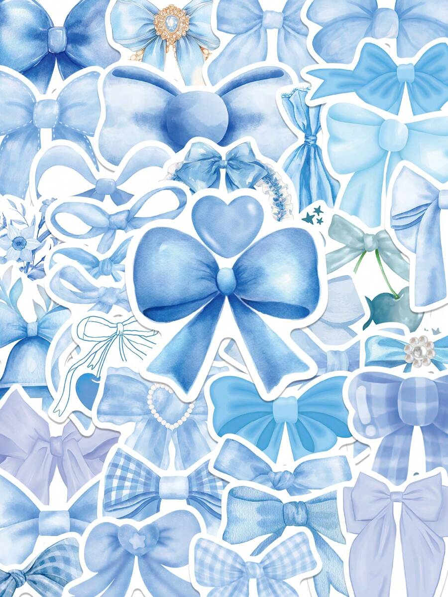 50pcs Aesthetic Blue Bow Sticker Aesthetic For Kids Waterbottle Laptop Guitar Skateboard Scrapbook Stationery Phone Waterproof Diy Decals Sticker - Blue - View 1