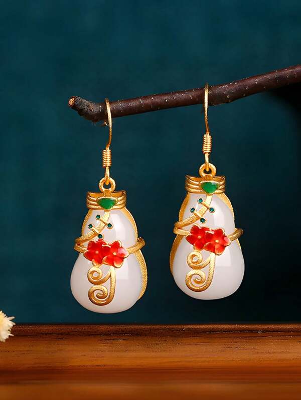1 Pair 925 Sterling Silver 24K Gold Plated Chinese Style Floral Qipao Earrings, Suitable For Daily Wear, Dates, Gatherings, Commuting, Parties, Balls. Great For Mother's Day, Teacher's Day Gifts. Elegant, Unique, Vintage Boho Fashion Jewelry