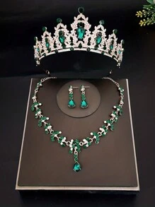 4Pcs Baroque Rhinestone Bridal Crown With Necklace Earrings Set, Fashionable Zinc Alloy Wedding Accessories, Luxurious Tiara Jewelry Set For Parties And Birthdays
