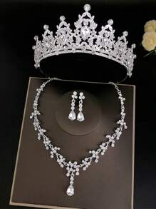 4Pcs Baroque Rhinestone Bridal Crown With Necklace Earrings Set, Fashionable Zinc Alloy Wedding Accessories, Luxurious Tiara Jewelry Set For Parties And Birthdays