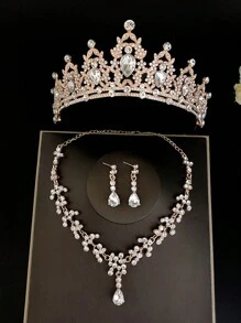 4Pcs Baroque Rhinestone Bridal Crown With Necklace Earrings Set, Fashionable Zinc Alloy Wedding Accessories, Luxurious Tiara Jewelry Set For Parties And Birthdays