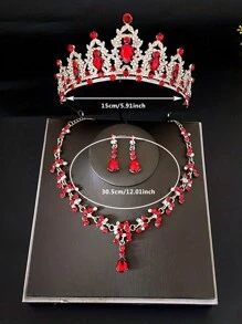 4Pcs Baroque Rhinestone Bridal Crown With Necklace Earrings Set, Fashionable Zinc Alloy Wedding Accessories, Luxurious Tiara Jewelry Set For Parties And Birthdays