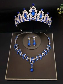 4Pcs Baroque Rhinestone Bridal Crown With Necklace Earrings Set, Fashionable Zinc Alloy Wedding Accessories, Luxurious Tiara Jewelry Set For Parties And Birthdays