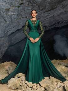 Faeriesty Elegant Sequin Satin Evening Gown With Long Sleeves & Fitted Waist – Flowing Satin Train & Glittering Details For Red Carpet Glamour & Luxury Banquets,Party Dress,Formal,Wedding Guest - Dark Green - View 6