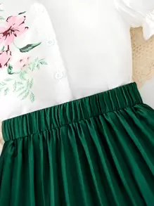 2 pièces/Set Blouse blanche à manches bouffantes avec imprimé floral et jupe plissée à volant avec imprimé floral vert pour préadolescentes. Ensemble confortable pour le printemps/été