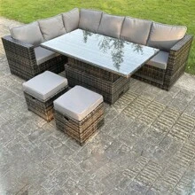 Fimous 8 Seat Dark Mixed Grey Rattan Garden Furniture Corner Sofa Set Adjustable Dining Or Coffee Table Left Side - Dark Grey - View 1