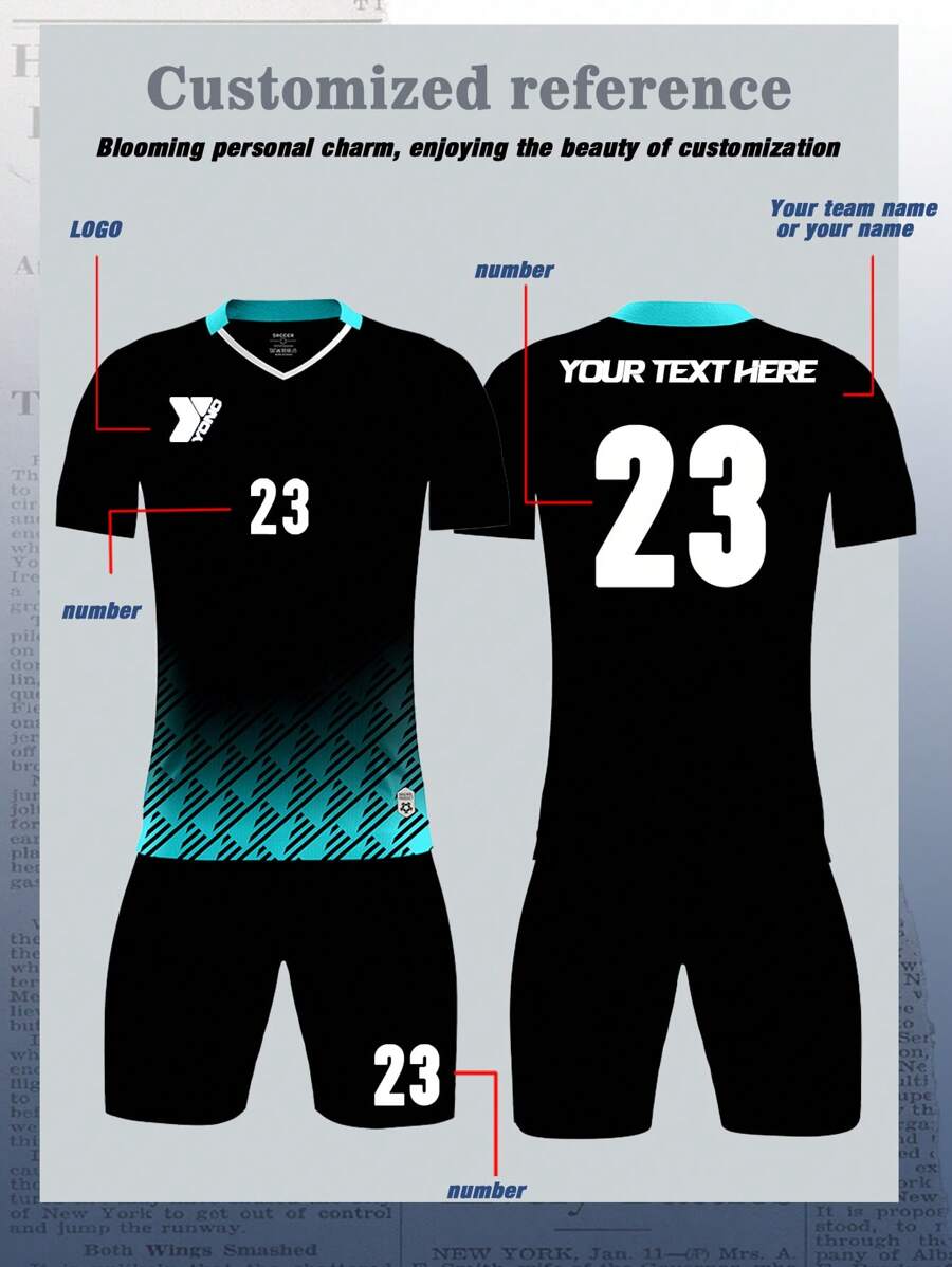Customizable Youth Football Set (8-12 Years Old) - Personalized Jerseys And Shorts Set With Customizable Logos, Numbers, And Text Content - Black - View 1