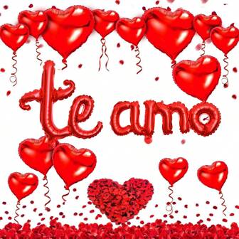 1/506pcs "Te Amo" Spanish Letter Foil Balloon, Red Heart Shaped Balloon, Fake Red Rose Petals, Suitable For Valentine's Day, Birthday, Wedding, Anniversary, Singles Spa Party, Confession, Valentine's Day Scene Decoration