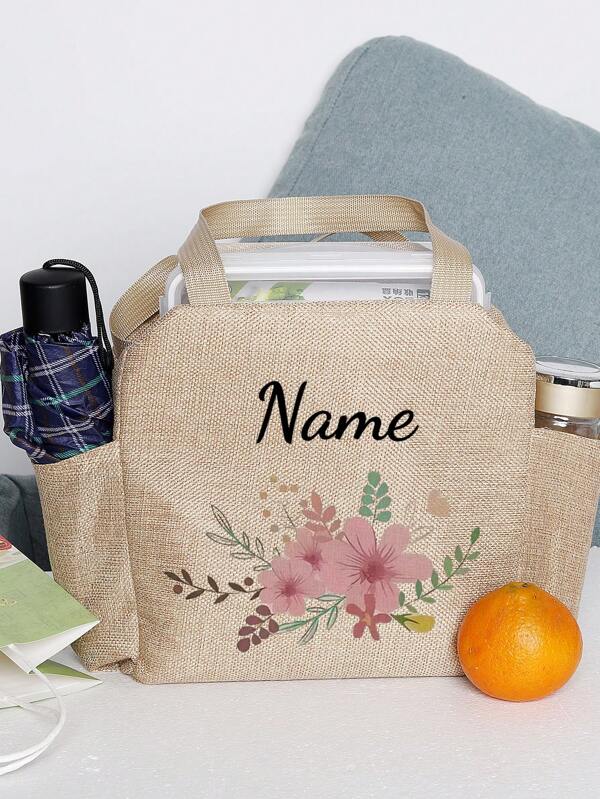 Large Capacity Customizable Lunch Bag With Floral Pattern, Personalized Foil Insulated Lunch Bag, Insulated Lunch Box With Zipper Closure, Practical Top Handle, Lightweight, Foldable, Stylish Women'S Handbag - Personalized Name | Perfect Choice For Travel, Office, School, Picnic | Spacious And Portable | Ideal Gift For Back To School During The School Year