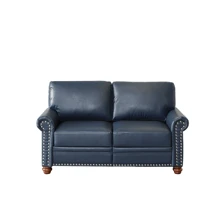 Classic Living Room Sofa Loveseat Sofa Couch With Armrest And Wood Legs, Upholstered PU Leather Sofa With Silver Nails Decoration, Mid Century Modern Sofas Couches For Bedroom Office - 藏蓝色 - 查看 6