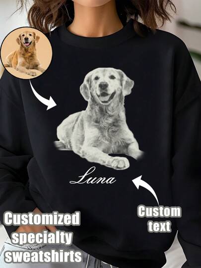 Customized Face, Personalized Women's Autumn/Winter Clothing, Holiday Gift, Customized Women's Round Neck T-Shirt. Customize Your Own T-Shirt With Your Photo/Text (Family Members/Classmates/Friends Photo/Selfie/Pet Photo/Favorite Pattern/Internet Meme). Suitable For Best Friends, Sister Group Customization