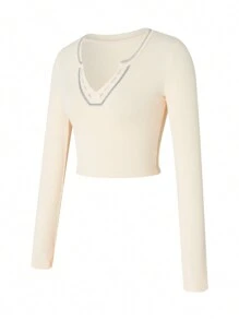 Women Short Top Shirt, Long Sleeve Patchwork Ribbed Front Button V-Neck Cropped Tops, Slim Navel Shirt - 杏色 - 查看 7