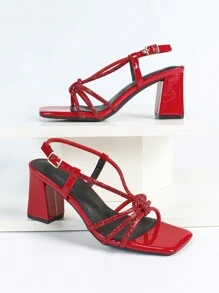 Women's Fashion Comfortable Square Toe Thick Heel Rhinestone Strap Sandals, Versatile For Party And Daily Wear - Burgundy - View 8