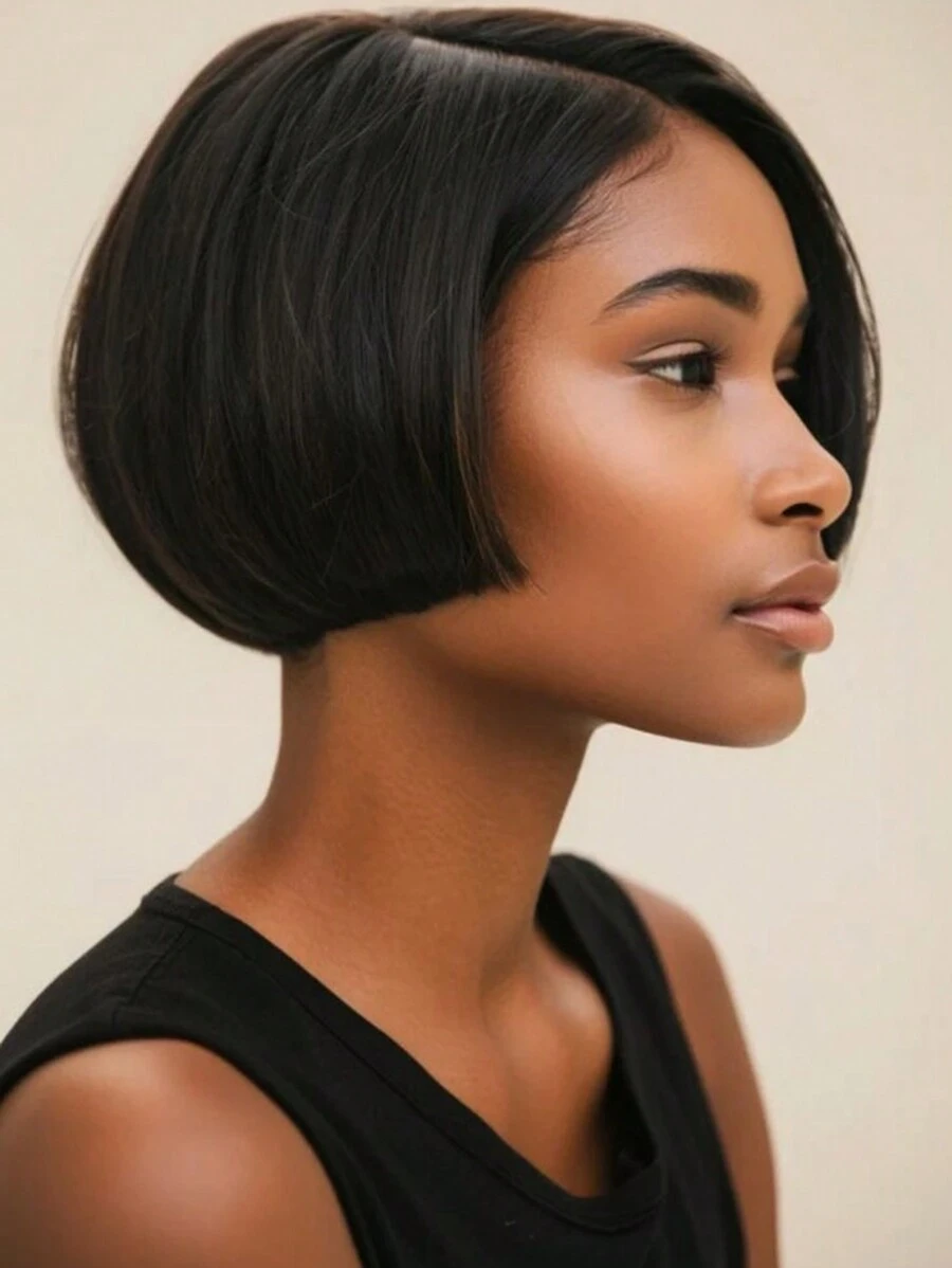 Women Side Part Bangs Short Bob Hair,Black Short Synthetic Wig - Black - View 1