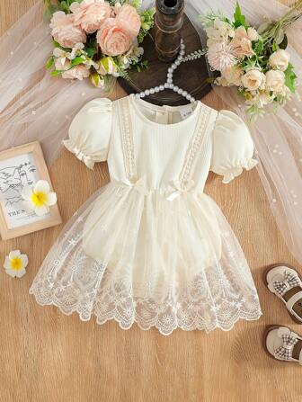 1件婴儿/女婴可爱短袖蕾丝网纱荷叶边连体衣，轻薄夏季连体衣，甜美泡泡袖连体衣，适合女婴和婴儿