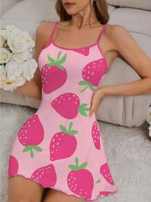 Chic Strawberry Print Slip Nightgown For Women - Casual Round Neck With Ruffle Detail, Backless Design, Soft Polyester & Spandex Blend, Machine Washable - Pink - View 1