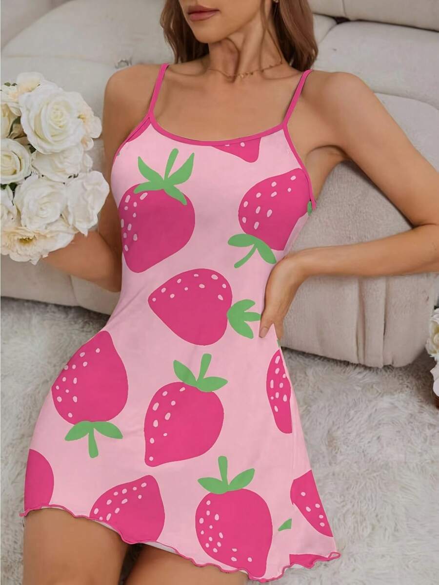 Chic Strawberry Print Slip Nightgown For Women - Casual Round Neck With Ruffle Detail, Backless Design, Soft Polyester & Spandex Blend, Machine Washable - Pink - View 1