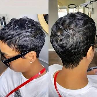 150% Density Human Hair With Bangs Pixie Cut Wig For Women