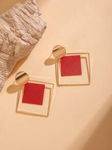 imoli 1 Pair Retro Copper Geometric Square & Circle Decor Earrings For Women, Creative Date Night Gift - 9814-4-red - View 5