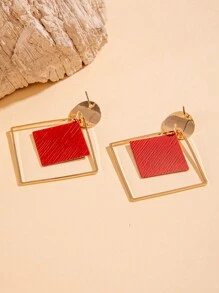 imoli 1 Pair Retro Copper Geometric Square & Circle Decor Earrings For Women, Creative Date Night Gift - 9814-4-red - View 7
