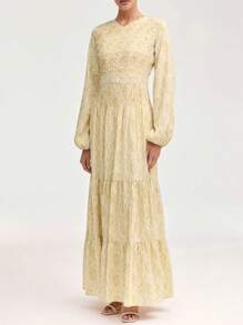 1 件女式碎花帝国腰高开叉修身中长连衣裙（配花卉腰带）'