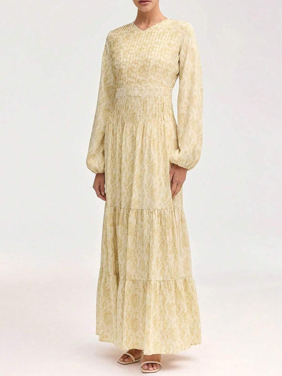 1 件女式碎花帝国腰高开叉修身中长连衣裙（配花卉腰带）'