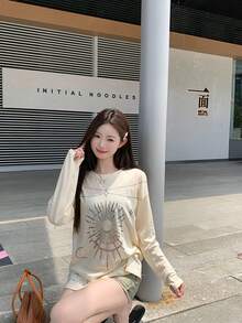 Loose Fit Printed Long Sleeve Top For Women, Spring/Autumn - Apricot - View 3