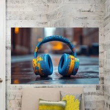 Music Headphone Pattern Canvas Art, Graffiti Headphone Design, Vibrant Colors, For Home And Game Room - Framed - View 6