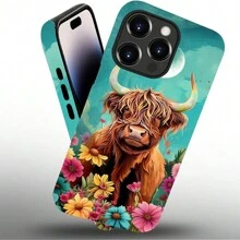 Compatible With IPhone 14-16 Pro Max Case, Natural Cattle And Flowers Pattern Print Phone Case Funny Liquid Silicone Case Impact Resistant Anti-Scratch Shockproof Protective Cover Gifts For Family, Friends, Kids, Birthday,Spring, Holiday, Boyfriends, Girlfriends, Valentine's Day