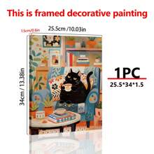 1幅现代装饰艺术风格猫咪海报 - 帆布印刷卡通黑猫在沙发上享用咖啡 - 复古室内墙面装饰，适用于客厅、家庭办公室、厨房、卧室 - 动物主题春季装饰和冬季水墨画（带框） - 彩色 - 查看 5