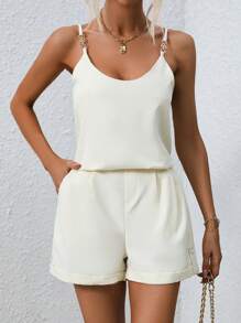 Conjunto viscolinho blusa de alça regulável e short com elástico na cintura. - Bege - Visão 4