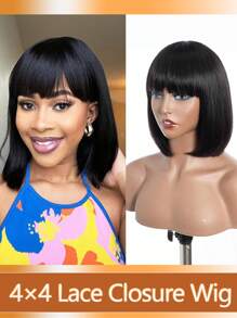Bob Wig Human Hair 4x4 Lace Closure Wigs Human Hair Straight Glueless Bob Lace Frontal Wig Human Hair Pre Plucked With Baby Hair 150% Density Short Bob Wigs For Women Natural Black - Natural Black - View 4