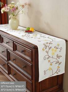 Rural Style Colorful Embroidered Satin Cloth Table Runner, For Dining Table, Kitchen Table, Desk, Coffee Table, Dresser, Cabinet, Shoe Cabinet, Chest Of Drawers, Prevent Dust And Decorate, With Exquisite Small Flower Embroidery. Also Suitable For Home Decoration, Kitchen, Living Room, Bedroom, Courtyard, Indoor And Outdoor Furniture, Camping, Villa, Festivals, Parties, Weddings. Size: 1PC,Halloween Decor,Home Decor - Yellow - View 6