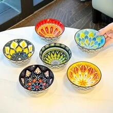 6件-4.75英寸波西米亚陶瓷碗，釉下彩饭碗，全新陶瓷餐具，加厚家用，可礼盒包装，适用于饭碗、沙拉碗、意大利面碗、甜点碗，送朋友的礼物，节日礼物，乔迁礼物，陶瓷餐具，适用于烤箱、微波炉和洗碗机 - 彩色 - 查看 8