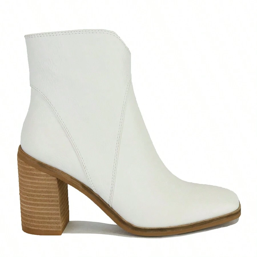 Women's Two-Tone PU Ankle Boots Western Cowboy Boots Pointed Toe Stacked Block Heel Boots - 白色 - 查看 1