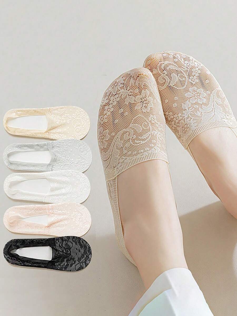 5/6 pares de calcetines transparentes de encaje para mujer, calcetines cortos de malla transpirable con volantes, ligeros (sin cartón incluido), para verano - Multicolor - Ver 1