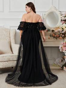 UNITHORSE Plus Size Off Shoulder Romantic Floral Decor Waist Gathering A-Line Black Wedding Dress, Bride