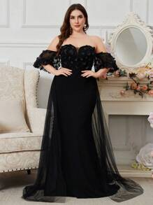 UNITHORSE Plus Size Off Shoulder Romantic Floral Decor Waist Gathering A-Line Black Wedding Dress, Bride