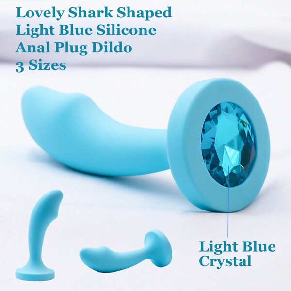 Plug Anal de Silicone Azul Claro para Mulher em 3 Tamanhos em Forma Adorável de Tubarão, Superfície Lisa, Cristal de Base, Brinquedos Sexuais para Mulheres, Homens, Casais Unissex, Jogos Adultos, Brinquedos Sexuais Sensuais, Para-stop para Sexo Anal, Treinador Anal, Dildo Anal, Loja de Sexo
