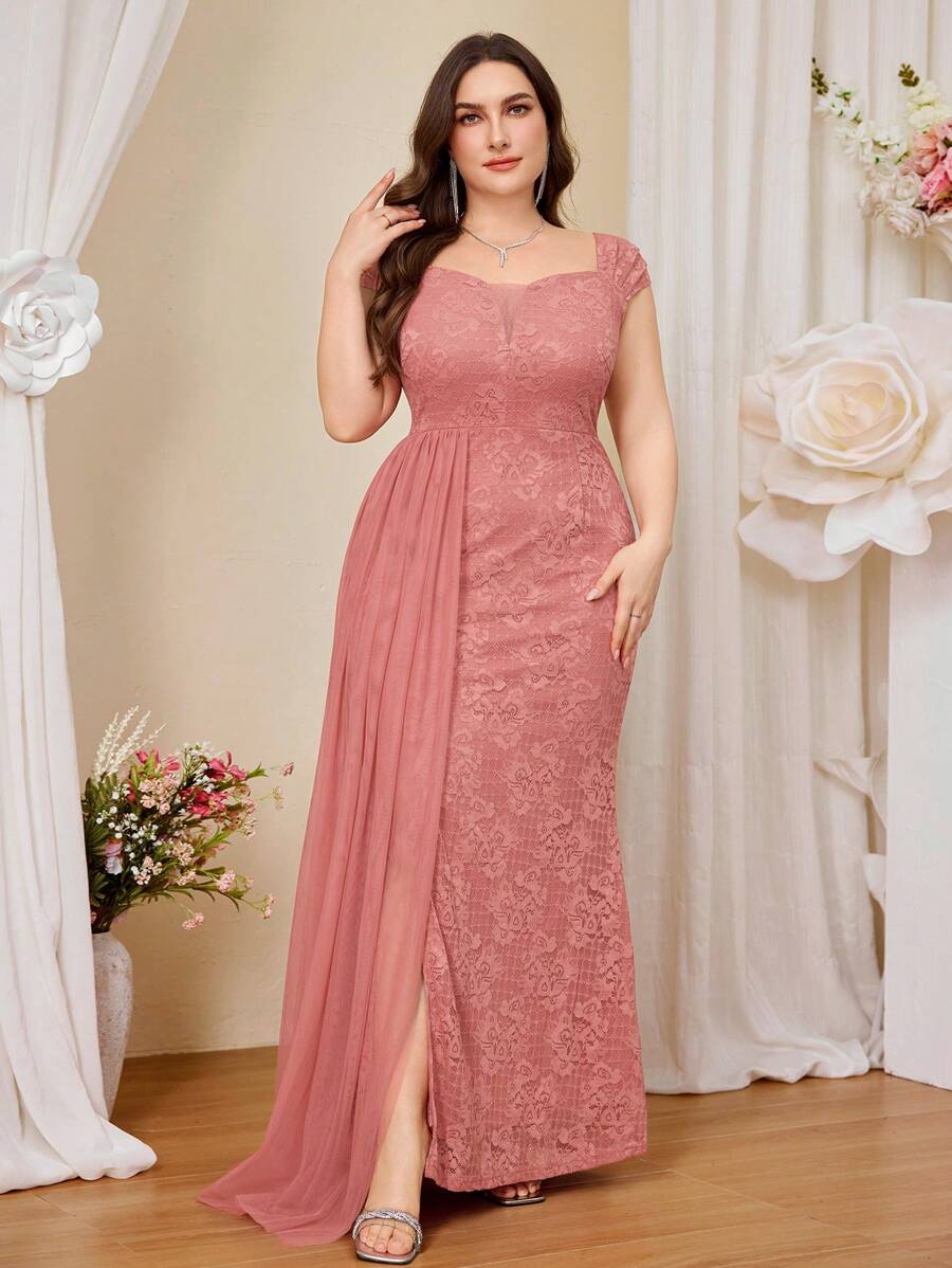 Plus Elegant Deep V-Neck Floral Lace Contrast Mesh Draped Side Split Thigh Formal Party Long Dress, Valentine's Day Dress, Summer Dress, Wedding Guest Dress, Prom Evening Gown, For Graduation, Dinner, Homecoming Dress